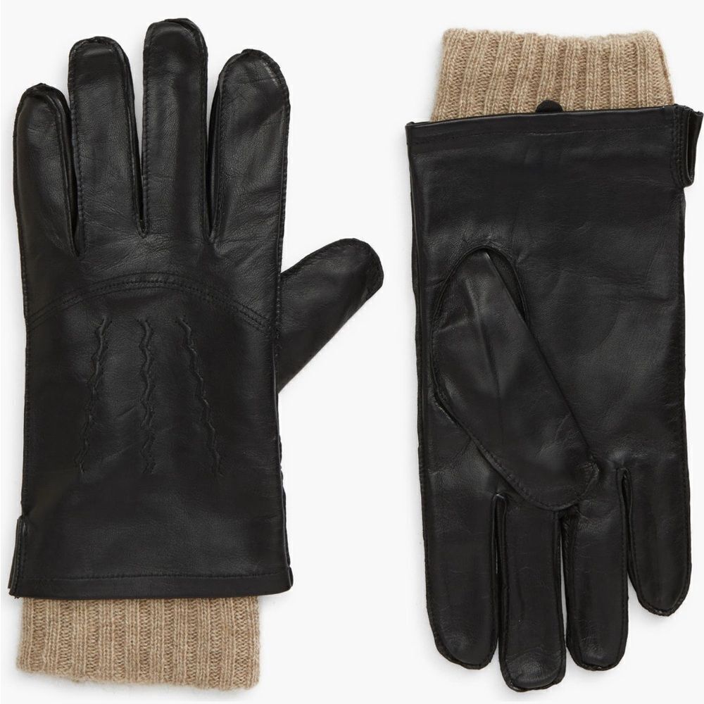 Nordstrom Mens Black Leather Brown Cashmere Lined Gloves $139